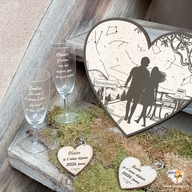 Trophée cadeau coeur gravé personnalisable avec prénoms du couple